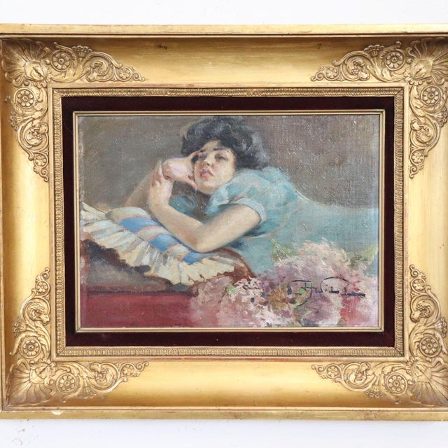 A. Villa, Girl Lying Down, Oil Painting on Board, Late 19th Century, Framed For Sale - Image 5 of 16