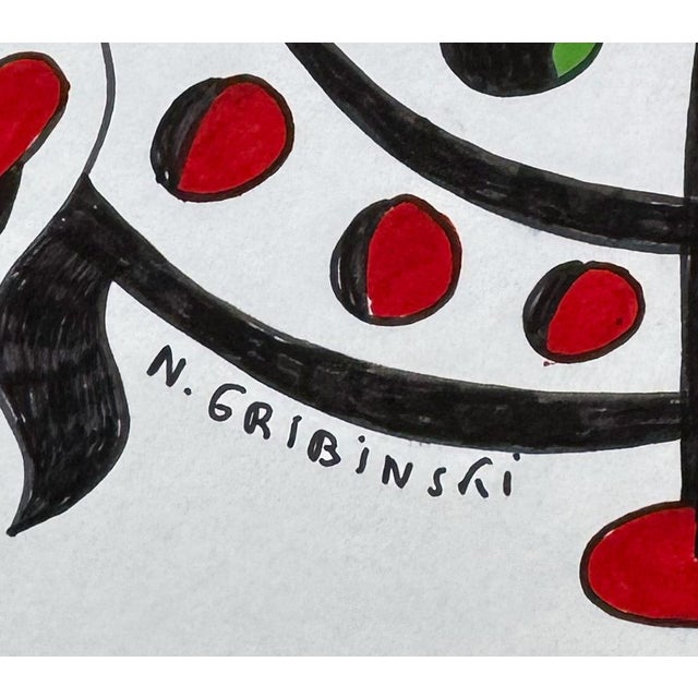 Abstract The Visitor With Striped Legs — Nathalie Gribinski — Small Abstract Figurative Drawing (8 X 8 In, 2025) For Sale - Image 3 of 6