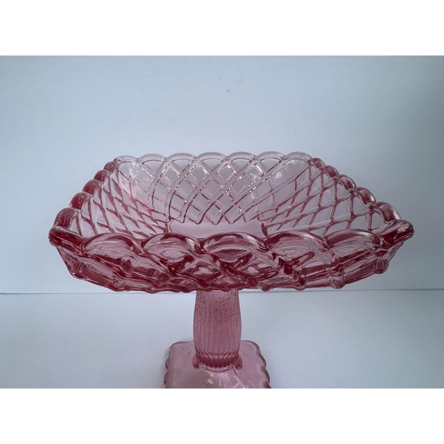 Vintage l.e. Smith Pink “Rose & Trellis” Glass Pedestal Candy Dish / Compote For Sale - Image 11 of 11