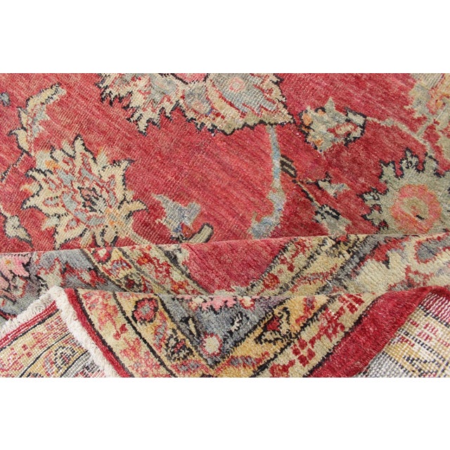Early 20th Century Antique Turkish Oushak Rug in Red Blue/Gray Border L. Green Yellow & Pink For Sale - Image 10 of 11