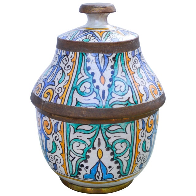 Metal Moroccan Ceramic Lidded Bowl With Arabesque For Sale - Image 7 of 12
