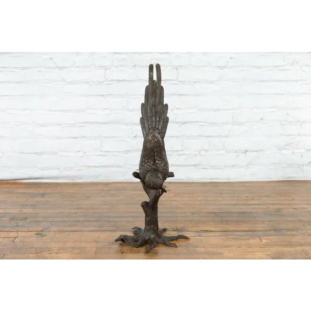 2000 - 2009 Contemporary Bronze Statue of a Parrot Perched on a Branch and Leaning Down, with Dark Patina For Sale - Image 5 of 13