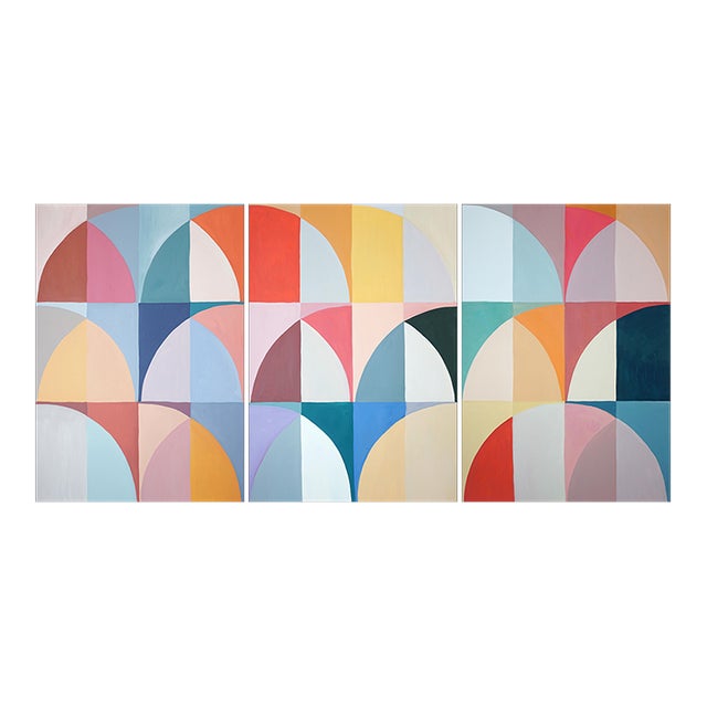 2026, Modern Bauhaus Painting, Sonoma Superbloom, Abstract Geometric Landscape Triptych in Vivid Tones, Original Painting by Natalia Roman For Sale