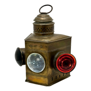 Antique American Brass 3 Lens Color Red Blue & Clear Ships Wheelhouse Deck Light & Navagation Oil Lamp - Circa Early 1900s