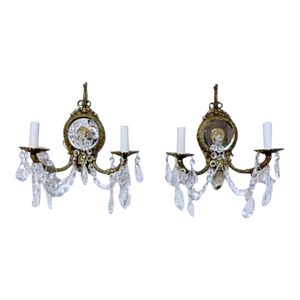 Vintage Bronze Mirrored Crystal Sconces - a Pair