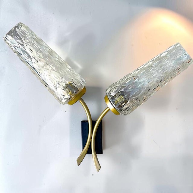 Mid-Century Modern Brass and Textured Glass Double Wall Sconce, 1950s For Sale - Image 14 of 14