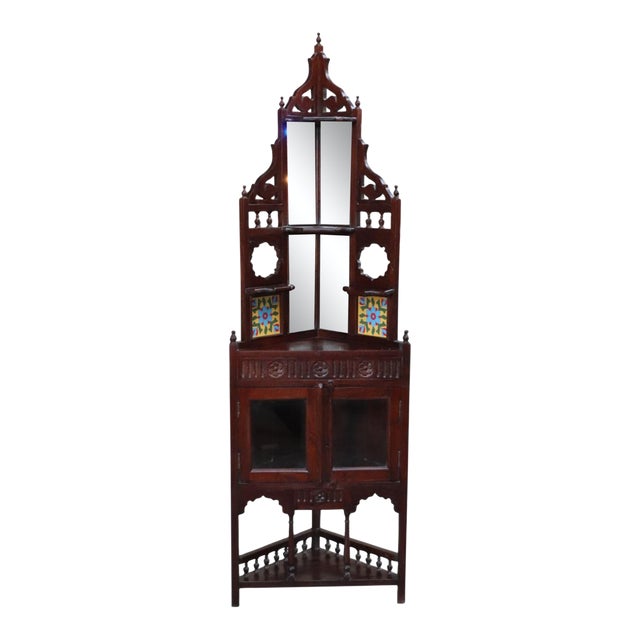 Handmade Hand Carved Display Cabinet With Mirror & Tile | Solid Teak Wood Storage Cabinet | Vintage Corner Indian Display Mirror For Sale
