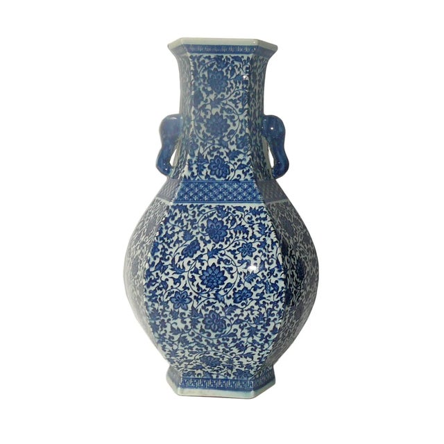 Blue & White Porcelain Hexagon Lotus Flower Vase For Sale