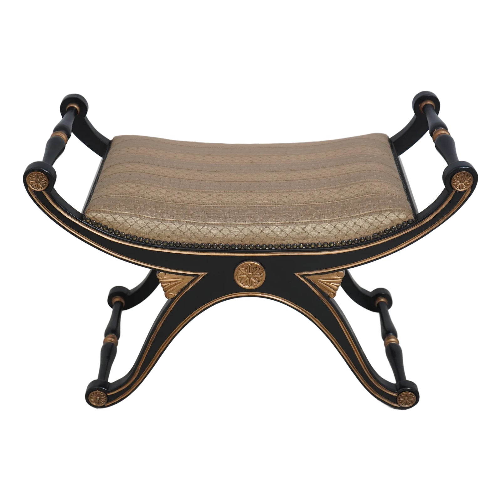 Black & Gold Regency Style X Base Bench | Chairish
