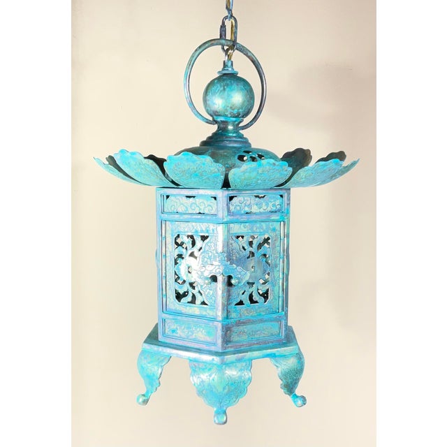 Vintage Japanese Patinated Brass Pagoda Temple Lantern / Pendent -17”x 12” For Sale - Image 16 of 17