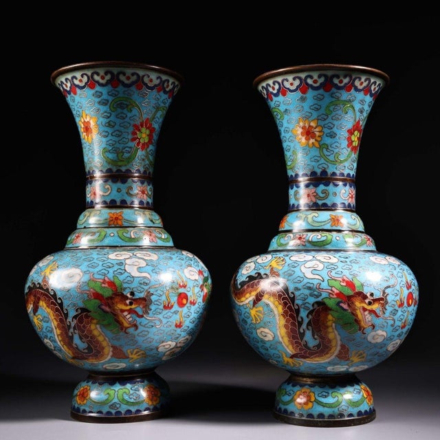 Traditional Pair of Cloisonne Enamel Vases – 11.8" Dragon & Phoenix Baluster Form With Qianlong Mark For Sale - Image 3 of 9