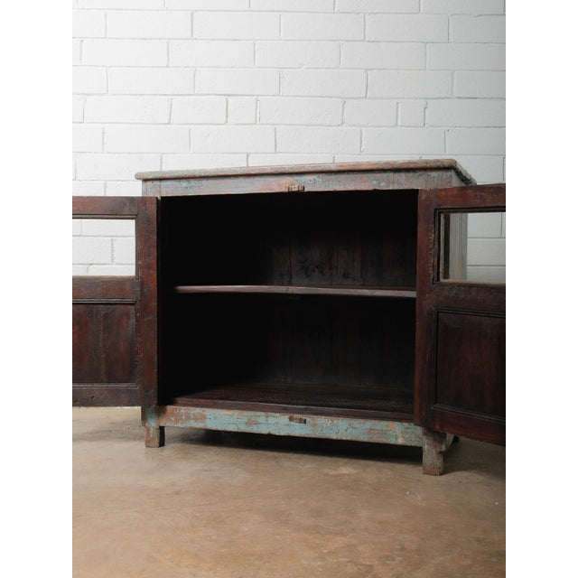 Farmhouse Distressed Teal & Red Painted Sideboard Glass-Front Storage Cabinet For Sale - Image 3 of 6