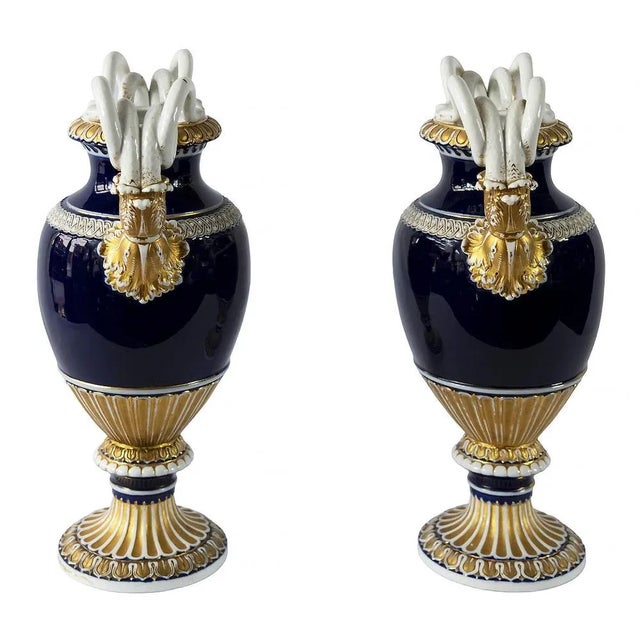 Pair of antique German Meissen porcelain vases designed by August Leuteritz, decorated with snake handles, cobalt blue...