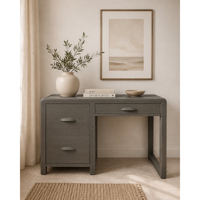 A beautifully refinished vintage waterfall writing desk featuring elegant rounded edges, distinctive fluted detailing, and...