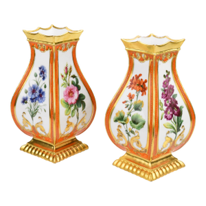 19th Century Feuillet French Paris Porcelain Vases With Flowers- Set of 2