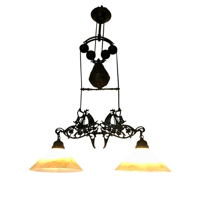 Metal Vintage Nautical Double Pendant Chandelier With Ship Motifs For Sale - Image 7 of 7