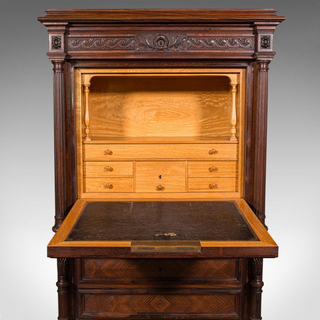 Wood Antique Tallboy Correspondence Desk, French, Kingwood, Escritoire, Victorian For Sale - Image 7 of 12