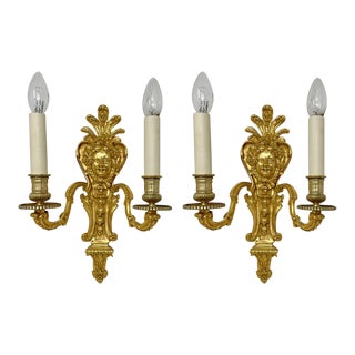 Antique Pair Ormolu Gilt Bronze Twin Light Wall Candle Sconces Appliques 19th Ct For Sale