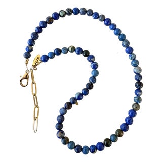 Lapis Beaded Necklace With Gold Tone Adjustable Glass For Sale