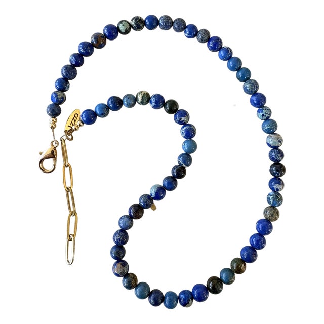 Lapis Beaded Necklace With Gold Tone Adjustable Glass For Sale