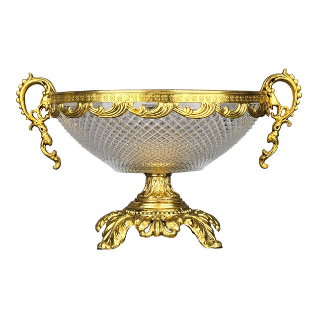 Antique French Gilt Filigree Metal and Crystal Cut Compote With Handles For Sale