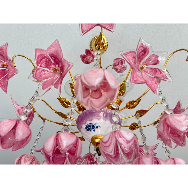 Vintage Murano Style Large Chandelier, Pink Floral Chandelier, Bouquet Style Ceiling Light, 4-Light Flush Mount For Sale - Image 16 of 16