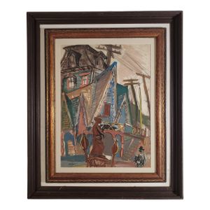 1930s Modernist Figurative Gothic House Original Gouache on Paper Signed Josef Presser