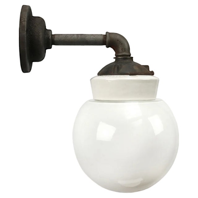 Vintage Industrial White Porcelain and Opaline Glass Sconce For Sale