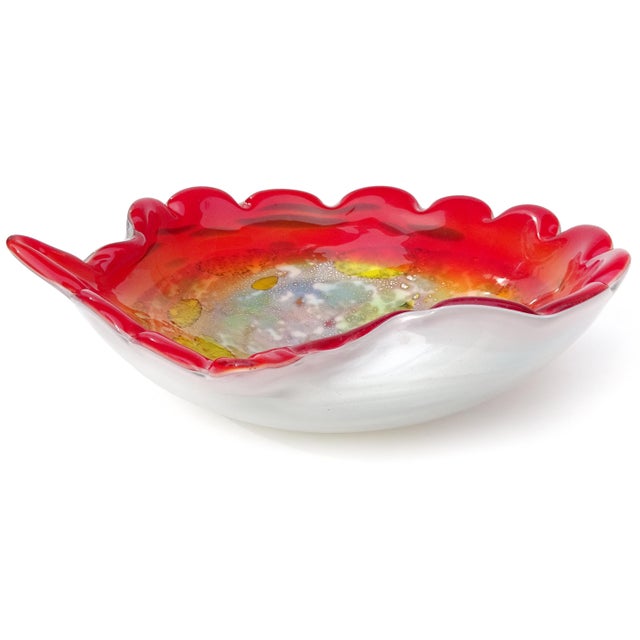 Orange Murano Vintage Red Orange Yellow Silver Flecks Green Italian Art Glass Seashell Centerpiece Bowl For Sale - Image 8 of 10