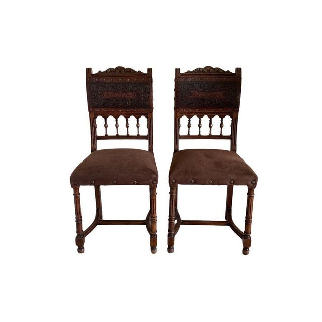 French Antique 19th Century French Henry II Style Walnut Dining/Side/Accent Chairs With Suede Upholstery - Set of 2 For Sale - Image 3 of 11