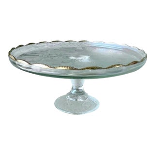 Circa 1950 Whimsical “Harp” Scalloped Gilt Edge Pedestal Cake Stand by Jeannette Glass For Sale