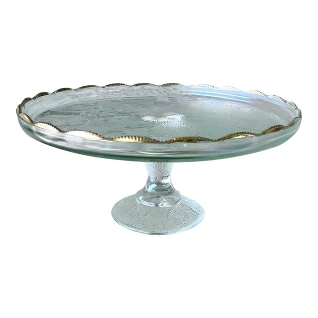 Circa 1950 Whimsical “Harp” Scalloped Gilt Edge Pedestal Cake Stand by Jeannette Glass For Sale