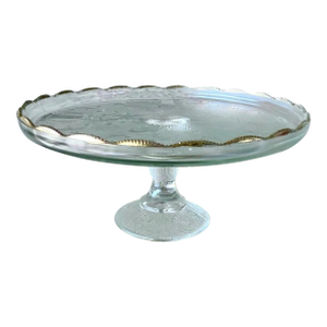 Circa 1950 Whimsical “Harp” Scalloped Gilt Edge Pedestal Cake Stand by Jeannette Glass
