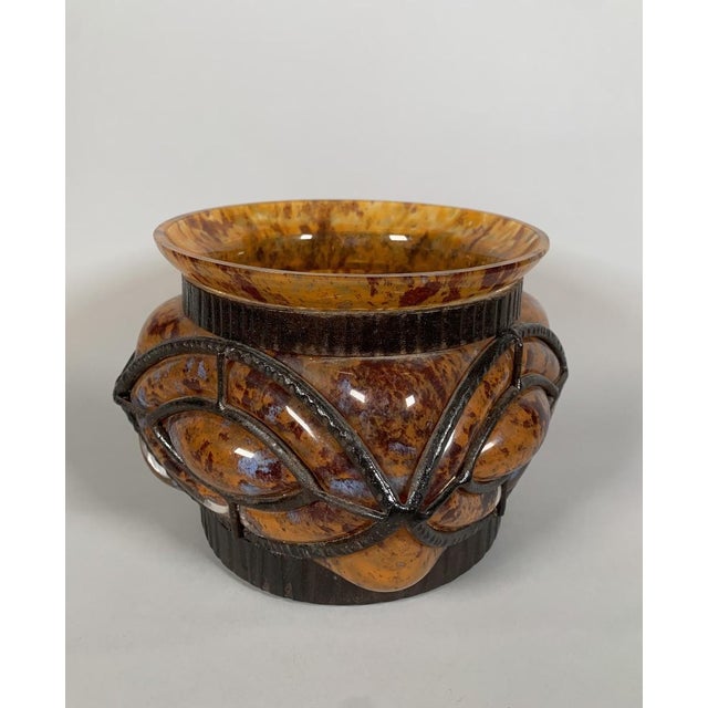 Art Deco Glass and Wrought Iron Vase, Le Lorrain, Nancy, 20th Century For Sale