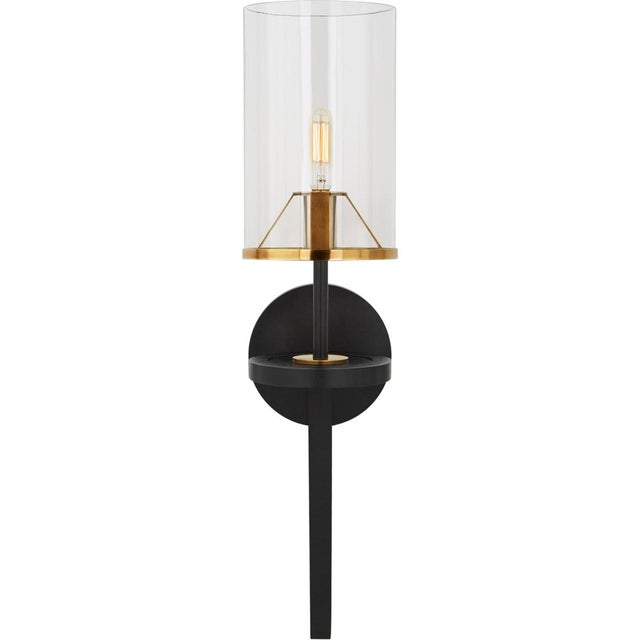Modern Thomas O'Brien for Visual Comfort Signature Vivier Single Sconce in Blackened Iron & Hand-Rubbed Antique Brass with Cylinder Clear Glass For Sale - Image 3 of 3