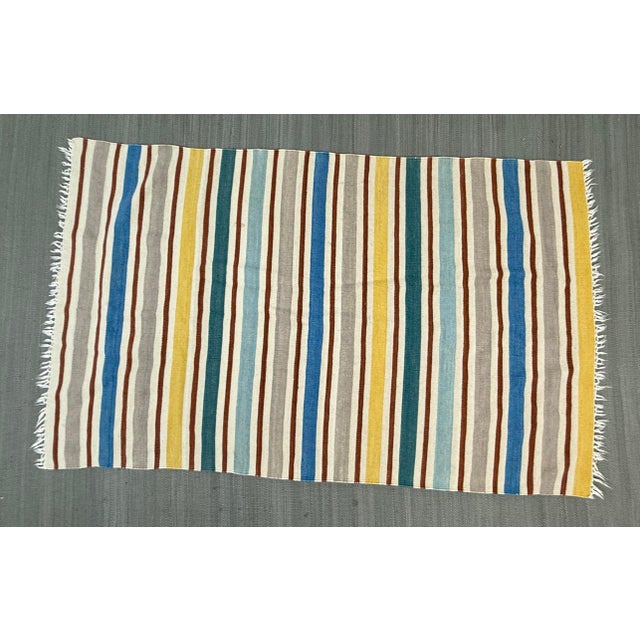 Teal 3ft 9in × 6ft 5in Flat Woven Striped Area Rug For Sale - Image 8 of 12