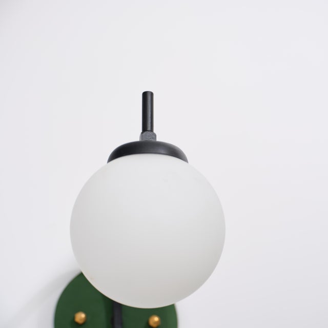 Italian Curved Wall Sconces with Opaline Globes and Green Backplates, 1950s, Set of 2 For Sale - Image 9 of 11