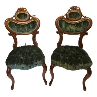 Mid-Century Pelham, Shell & Leckie Victorian Revival Tufted Green Velvet Chairs - A Pair For Sale