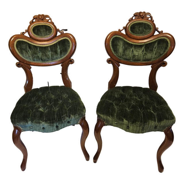 Mid-Century Pelham, Shell & Leckie Victorian Revival Tufted Green Velvet Chairs - A Pair For Sale