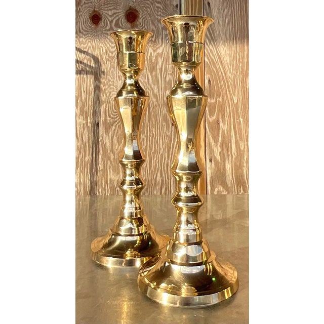 Late 20th Century Vintage Regency Faceted Polished Brass Candlesticks - a Pair For Sale - Image 5 of 5