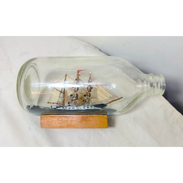 Vintage Handmade Nautical Wood Sail Ship Boat in Glass Bottle Model Sculpture For Sale - Image 14 of 14