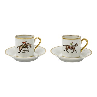 Pair Vintage Hertel Jacobs Equestrian Jockey Porcelain Demitasse Cups & Saucers For Sale