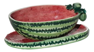 Watermelon Bowl with Ceramic Airbrush Plate, Italy, 1950s, Set of 2