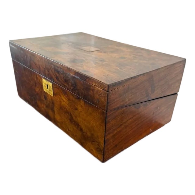 Early 20th Century Antique Victorian Style Burr Walnut Brass Writing Box For Sale