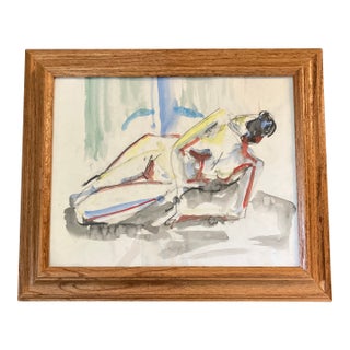 1970’s Original Abstract Female Nude Watercolor Painting Vintage Oak Frame For Sale