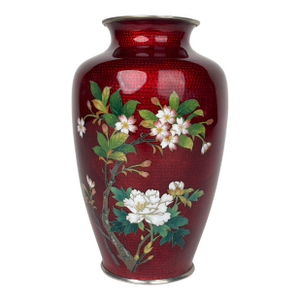 A Japanese Red Ground Enamel Vase With Blossoms