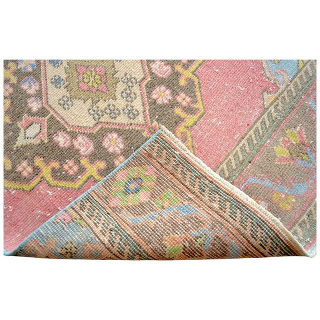1960s Traditional Turkish Runner Hand Knotted Distressed Low Pile Pink Hallway Rug Kitchen Decor For Sale - Image 13 of 14