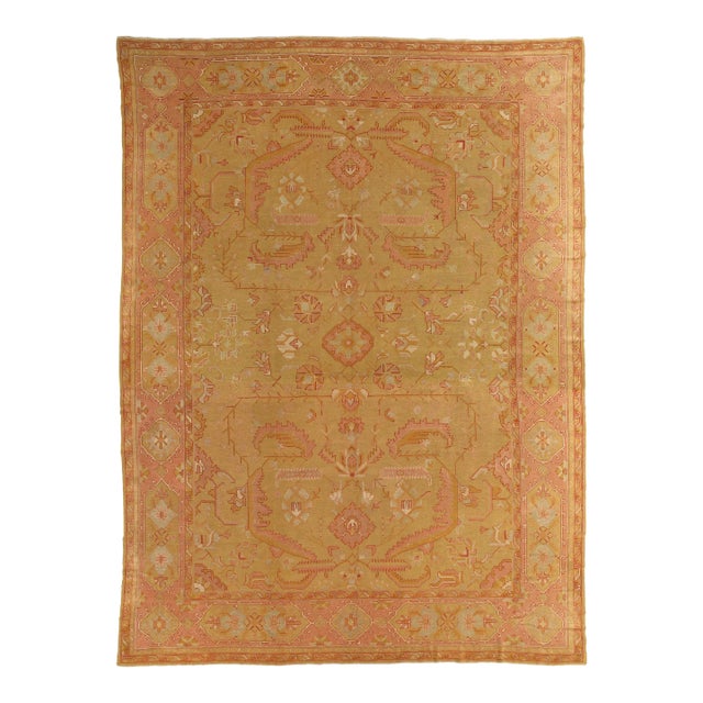 An Oushak Carpet, Turkish Rugs, Handmade Oriental Rugs, Gold, Green, Pink, Ivory For Sale