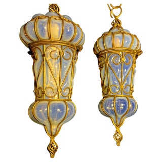 CVenetian Opal Glass Lanterns and Sconce, Murano, 1950s, Set of 2 For Sale