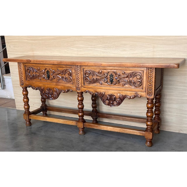 1900 - 1909 Early 20th Large Carved Walnut Console Table With Two Drawers For Sale - Image 5 of 10